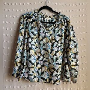 Rebecca Taylor Long Sleeve Button Bow Fleur Top Silk Blend‎ Sz M Black Combo